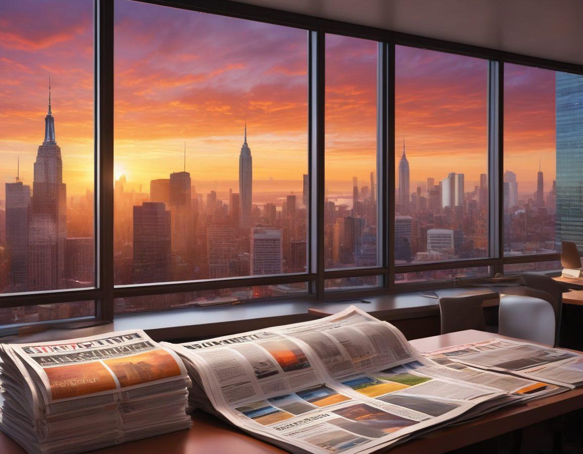 A vibrant city newsroom bustling with journalists collaborating and sharing ideas, displaying newspapers and digital screens showing local news. Include a large window revealing a cityscape at sunset, symbolizing the connection between local publications and the community. The atmosphere should convey a sense of urgency and creativity, using bright colors to highlight the importance of news. super-realistic. warm hues. dynamic composition.
