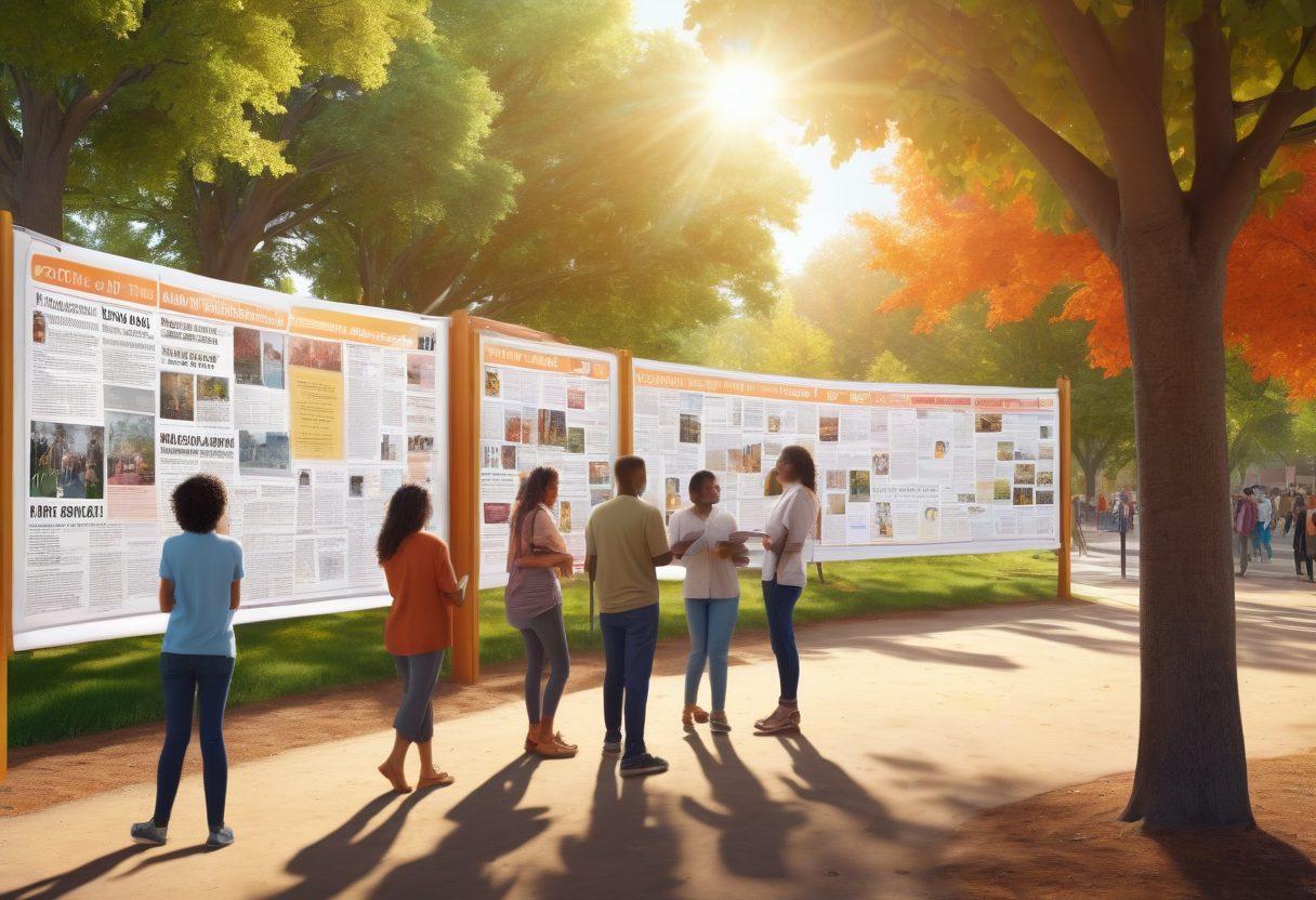A vibrant community scene depicting diverse people sharing stories in a park, surrounded by local news headlines on bulletin boards. Include illustrations of previous community events in the background, such as festivals and gatherings, symbolizing engagement and connection. Sunlight filtering through trees to create an inviting atmosphere. super-realistic. vibrant colors. 3D.