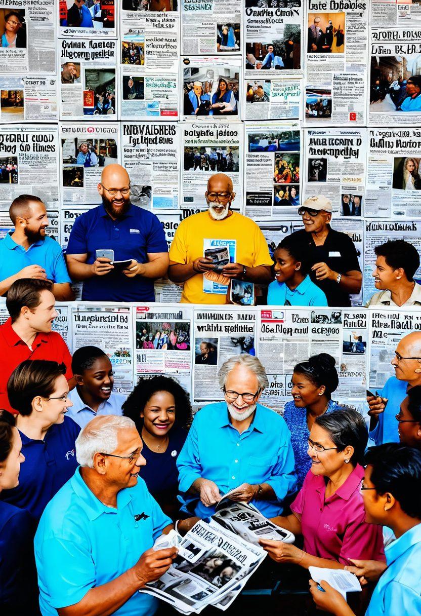 A vibrant community gathering showcasing local journalists interacting with residents, surrounded by newsstands featuring local newspapers and digital screens displaying headlines. Include diverse people of various ages engaging in conversations, with an emphasis on storytelling through photography, microphones, and notepads. Bright colors and dynamic expressions that convey a sense of connection and community spirit. super-realistic. vibrant colors. engaging background.